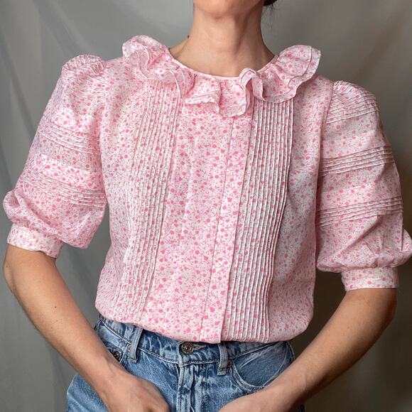 Vintage ruffle neck floral heart print blouse short puff sleeve pink pleated‎ S - Picture 1 of 17